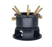 EMPOTEC Set Fonduta per Cioccolato Formaggio Carne Bourguignon Acciaio e Manici in Legno con Bruciatore 1 Litro con Forchettine Incluse 6 Persone Base 20cm Pentola 18cm