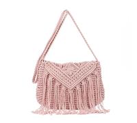 Emprier Borsa a tracolla retrò all'uncinetto per le donne in tessuto con frange hobo borse estive da spiaggia borsa fatta a mano, Rosa