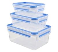 Emsa Clip & Close 017032508566 Contenitore Salvafreschezza, Set 3 Pezzi, Plastica, Trasparente/Blu, 0.55 l, 1 l e 2.3 l