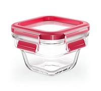 Emsa Clip & Close N10413 - Contenitore in vetro quadrato 0,18 l, 100% ermetico, impilabile in 100% antiscivolo, lavabile in lavastoviglie, congelatore, forno, forno a microonde, rosso, trasparente
