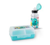 Emsa Kids, Set Regalo per Bambini con Clipbox e Borraccia 0.4L, Gift Set Monster, Borraccia 100% Ermetica e Contenitore Porta Merenda con Divisorio Rimovibile, Set 2 Pezzi 100% Sicuro