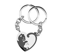 EMSea 1 paio di portachiavi/collane in acciaio inox coppia gatti a forma di cuore puzzle ciondolo set coordinato per gli amanti, Keyring, Acciaio inossidabile