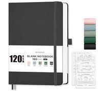 EMSHOI A5 Notebook Blank Journal - 120 GSM Hardcover Leather Sketch Book with Doodle Stencil, 160 Pages Unlined, Plain Art Sketchbook for Women Men Work School Drawing, 14.5 x 21cm - Black