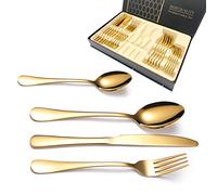 Emsmil Set di Posate in Acciaio Inox Oro con Confezione Regalo 24 Pezzi per 6 Persone Moderne Lucidate a Specchio Posate con Coltello da Bistecca Forchetta Cucchiaio Lavabile in lavastoviglie