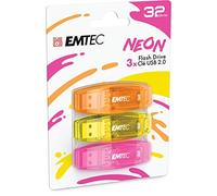 EMTEC Chiavetta USB 2.0 C410, memoria flash drive da 32 GB, lettura 5 Mb/S, scrittura 15 Mb/S, compatibile con USB 2.0, USB 3.0, trasparente neon fluorescente con cappuccio, confezione da 3