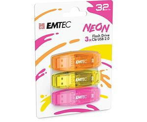 EMTEC Chiavetta USB 2.0 C410, memoria flash drive da 32 GB, lettura 5 Mb/S, scrittura 15 Mb/S, compatibile con USB 2.0, USB 3.0, trasparente neon fluorescente con cappuccio, confezione da 3