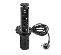 Emuca - Blocco multipresa a scomparsa con 3 prese schEUo EU e 2 porte USB, torretta multipresa a scomparsa per piano lavoro di cucina o scrivania, Verniciato nero, Tecnoplastica e Alluminio