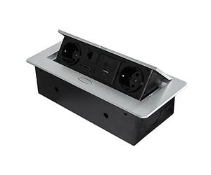 Emuca - Blocco multipresa a scomparsa da incasso nella scrivania, ciabatta multipresa (spina EU tipo F, USB C, RJ45 e HDMI), 265x120mm, Verniciato alluminio