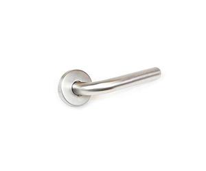 Emuca - Maniglie porta interna, coppia di maniglie per porta da interno con rosetta D.53 mm, Modello L, Acciaio, Nickel satinato.