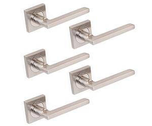 Emuca - Maniglie porta interna, set di 5 coppie di maniglie per porta da interno con rosetta 50x50 mm, Alluminio e zama, Nickel satinato.