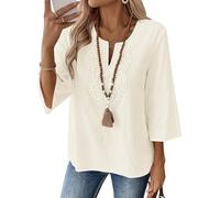 EMUKFD 2026 - Top da donna in lino con maniche a 3/4, scollo a V, camicie casual da vacanza, vestibilità larga, tunica da contadina ricamata in stile bohémien, sottile, traspirante, oversize, da