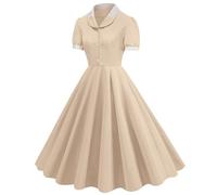 EMUKFD Abiti anni '40 da donna, stile rockabilly, vintage, Audrey Hepburn, con colletto per bambole, linea A, per feste e costumi di Halloween, Beige, L
