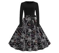 EMUKFD Abiti di Halloween da donna 2024 a maniche lunghe una linea retrò swing abito scheletro zucca stampa costumi da cocktail party, M Nero, XXL