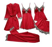 EMUKFD - Biancheria da notte per donna, set pigiama 3 pezzi e 5 pezzi, biancheria da notte da donna, pigiami da notte in seta e raso per donna, motivo floreale, con pizzo, camicia sexy, vestito corto