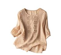 EMUKFD Camicette da donna ricamate floreali in cotone e lino, stile etnico, stile contadino, maniche a 3/4, scollo a V, magliette in garza, A2 cachi, XL