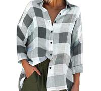 EMUKFD Camicia da donna in flanella a quadri di bufalo, casual, vestibilità ampia, a maniche lunghe, colletto con bottoni, camicette alla moda oversize, Grigio, M