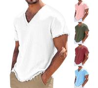 EMUKFD Camicie da uomo in cotone e lino con scollo a V retrò sfilacciate casual hippie a maniche corte a vestibilità muscolare per le vacanze estive in spiaggia, bianco, M
