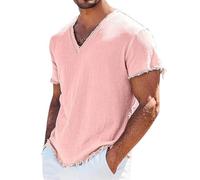EMUKFD Camicie da uomo in cotone e lino con scollo a V retrò sfilacciate casual hippie a maniche corte a vestibilità muscolare per le vacanze estive in spiaggia, rosa, M