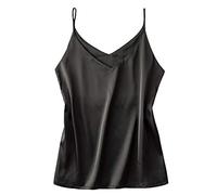 EMUKFD Canottiera da donna in raso, tinta unita, in seta, con scollo a V, spalline sottili, estiva, basica, casual, senza maniche, comoda, pigiama, top, pigiama, Nero , XXL
