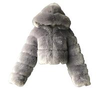 EMUKFD Cappotto da donna con cappuccio in finta pelliccia, cappotto corto in pelliccia artificiale, parka a pelo lungo, tinta unita, a maniche lunghe, girocollo, capispalla alla moda casual a tinta