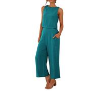 EMUKFD Completo da donna in 2 pezzi, top corto senza maniche in lino e pantaloni a palazzo a gamba larga, set casual tuta da resort, A1 verde., S