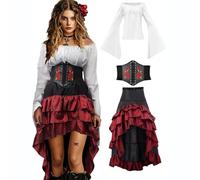EMUKFD Costumi da pirata da donna, abiti medievali vichinghi rinascimentali contadini camicette gonna corsetto cintura in vita 2025 Halloween festival vintage gotico vampiro cosplay bianco