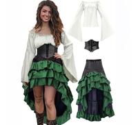 EMUKFD Costumi da pirata da donna, abiti medievali vichinghi rinascimentali contadini camicette gonna corsetto cintura in vita 2025 Halloween festival vintage gotico vampiro cosplay verde
