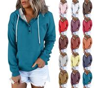 EMUKFD Felpa con cappuccio in pile da donna a maniche lunghe, calda, oversize, con coulisse, con bottoni, casual, autunnale, invernale, termica, Henley, ampia, accogliente, con tasche, Blu, M