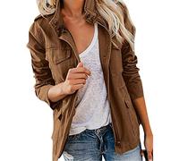 EMUKFD Giacca a vento militare da donna, stile safari, con cerniera, leggera, con cappuccio, casual, primaverile e autunnale, con tasche, Marrone, S