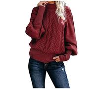 EMUKFD Maglione da donna a collo alto, a maniche lunghe, in maglia a cavo con scollo a lanterna, pullover casual lavorato a maglia a costine, morbido e voluminoso, Rosso, S