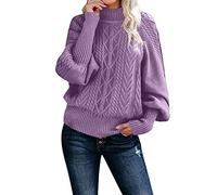 EMUKFD Maglione da donna a collo alto a maniche lunghe in maglia a trecce casual a coste pullover maglione con manica a lanterna moda sciolto Chunky Suéteres de punto por cable de manga larga para