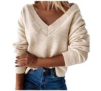EMUKFD Maglione da donna con scollo a V, a maniche lunghe, lavorato a maglia, con spalle scese, con bordo a costine, lavorato a maglia grossa, a maniche lunghe, per autunno, Beige, L