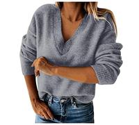EMUKFD Maglione da donna con scollo a V, a maniche lunghe, lavorato a maglia, con spalle scese, con bordo a costine, lavorato a maglia grossa, a maniche lunghe, per autunno, Grigio, S