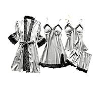 EMUKFD Set da notte da donna, 4 pezzi, sexy, in raso, con sottoveste e pantaloncini, con vestaglia, pigiama estivo da donna, babydoll, lingerie, pigiama, da sposa, luna di miele, damigella d'onore