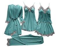 EMUKFD - Set di pigiami da donna, 3 pezzi e 5 pezzi, biancheria da notte in raso di seta con motivo floreale, vestaglia, abbigliamento da casa, pigiama sexy con canottiera e pantaloncini, 01-verde., M