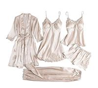 EMUKFD - Set di pigiami da donna, 3 pezzi e 5 pezzi, biancheria da notte in raso di seta con motivo floreale, vestaglia, abito da casa, abbigliamento da notte sexy con canotta e pantaloncini, 02-beige