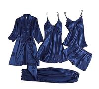 EMUKFD - Set di pigiami da donna, 3 pezzi e 5 pezzi, biancheria da notte in raso di seta, motivo floreale, con pizzo, vestaglia, abbigliamento da casa, loungewear, sexy, canottiera, pantaloncini, 02