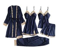 EMUKFD - Set di pigiami da donna, 3 pezzi e 5 pezzi, biancheria da notte in raso di seta, motivo floreale, vestaglia, abito da casa, pigiama sexy con canottiera e pantaloncini, 03-blu, 3XL