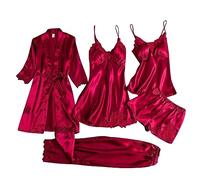 EMUKFD - Set di pigiami da donna, 3 pezzi e 5 pezzi, biancheria da notte in raso di seta, pigiami floreali in pizzo, vestaglia, abbigliamento da casa, loungewear, sexy canotta, vestiti corti, 02-rosso