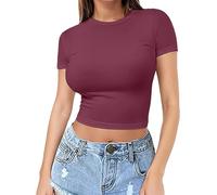 EMUKFD T-shirt da donna tinta unita Y2K Slim Fit manica corta crop top camicetta casual leggera trendy streetwear vestiti preppy, Ae., M