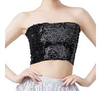 EMUKFD Top a tubo con paillettes da donna lucido elasticizzato a fascia senza spalline scintillante sexy Y2k crop top rave, discoteca, feste, club, indossare reggiseno top, Nero , Taglia unica