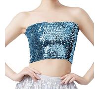 EMUKFD Top a tubo con paillettes da donna lucido elasticizzato a fascia senza spalline scintillante sexy Y2k crop top rave, discoteca, feste, club, indossare reggiseno top, Azzurro, Taglia unica