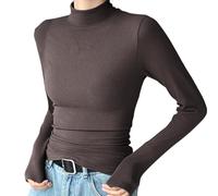 EMUKFD Top da donna a maniche lunghe con collo a lupetto lavorato a maglia slim fit elastico base camicie alla moda caldo dolcevita t-shirt basic, Caff, L