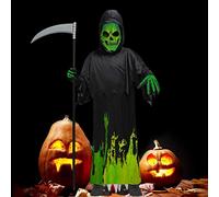 EMUKOEP Costume Cosplay Spaventoso e Luminoso di Halloween con Fluorescenza Verde per Bambini, Perfetto per le Feste di Halloween, Veste Nera con Cappuccio, con Copertura del Viso Scheletrico, S/M/L