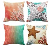 Emvency Set di 4 federe per cuscini color acquarello, blu corallo, acqua, arancione e bianco, con schizzi di barriera corallina, moderne, decorative, per la casa, quadrate, 45,7 x 45,7 cm