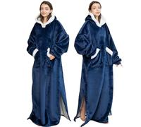 Emwwat Coperta con Cappuccio in Flanella, TV Oversize con Maniche e Tasche Giganti, Versatile per Uomini e Donne Adulti (Blu Scuro)
