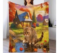 EMYXPAQM Coperta in Pile Con Cute Cat, Coperta Per Letto, Divano, Ufficio Con Autumn Village, Morbida E Calda, Idee Regalo Per Donna, Uomo, Bambino, 70x80inch(180x200cm)