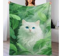 EMYXPAQM Coperta in Pile Con White Cat, Coperta Per Letto, Divano E Divani Con Green Feathers, Morbida E Accogliente, Idea Regali Per Adolescenti, Adulti 60x80inch(150x200cm)