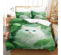 EMYXPAQM Copripiumino White Cat 3D Parure Da Letto Con Motivo Green Feathers Microfibra Con Cerniera E Federa Per La Camera Dei Bambini Super King(260x220cm)