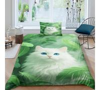 EMYXPAQM Copripiumino White Cat 3D Parure Da Letto Con Motivo Green Feathers Microfibra Con Chiusura Lampo E Federa Per La Camera Dei Bambini Single(135x200cm)